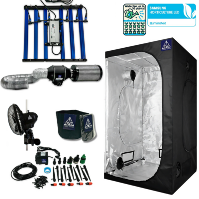 Treez Tools Grow Set S – Kompaktes Indoor-Garten Set mit 320W LED Anbau Lampe, Anbau Zelt, Belüftungssystem, Ventilator, Bewässerungssystem und 3 Töpfen für optimale Pflanzenzucht