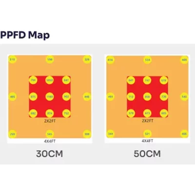 PPFD Map des Treez Tools Grow Light LED 320 PRO – Detaillierte Verteilung der photosynthetisch aktiven Strahlung für maximale Effizienz in der Pflanzenbeleuchtung